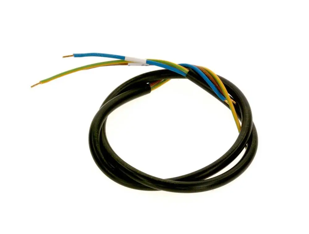 Schwarzes Kabel mit mehreren farbigen Leitungen (blau, grün, gelb, schwarz) für elektrische Verbindungen, möglicherweise von Bosch, zur Verwendung in der Installation.